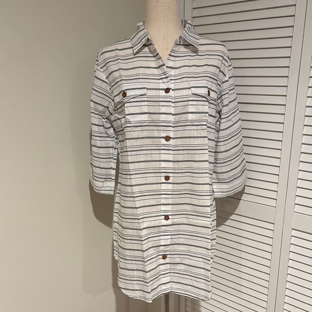 Dotti Baja Stripe Gray & White Cotton Swim Beach Shirt Dress Cover Up